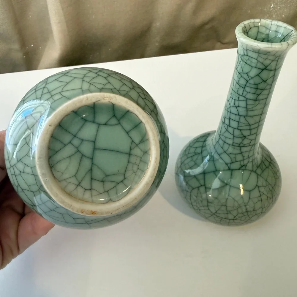Antique Chineses Celadon Crackle Glaze Bud Vase Set of 2 Long Neck Ceramic